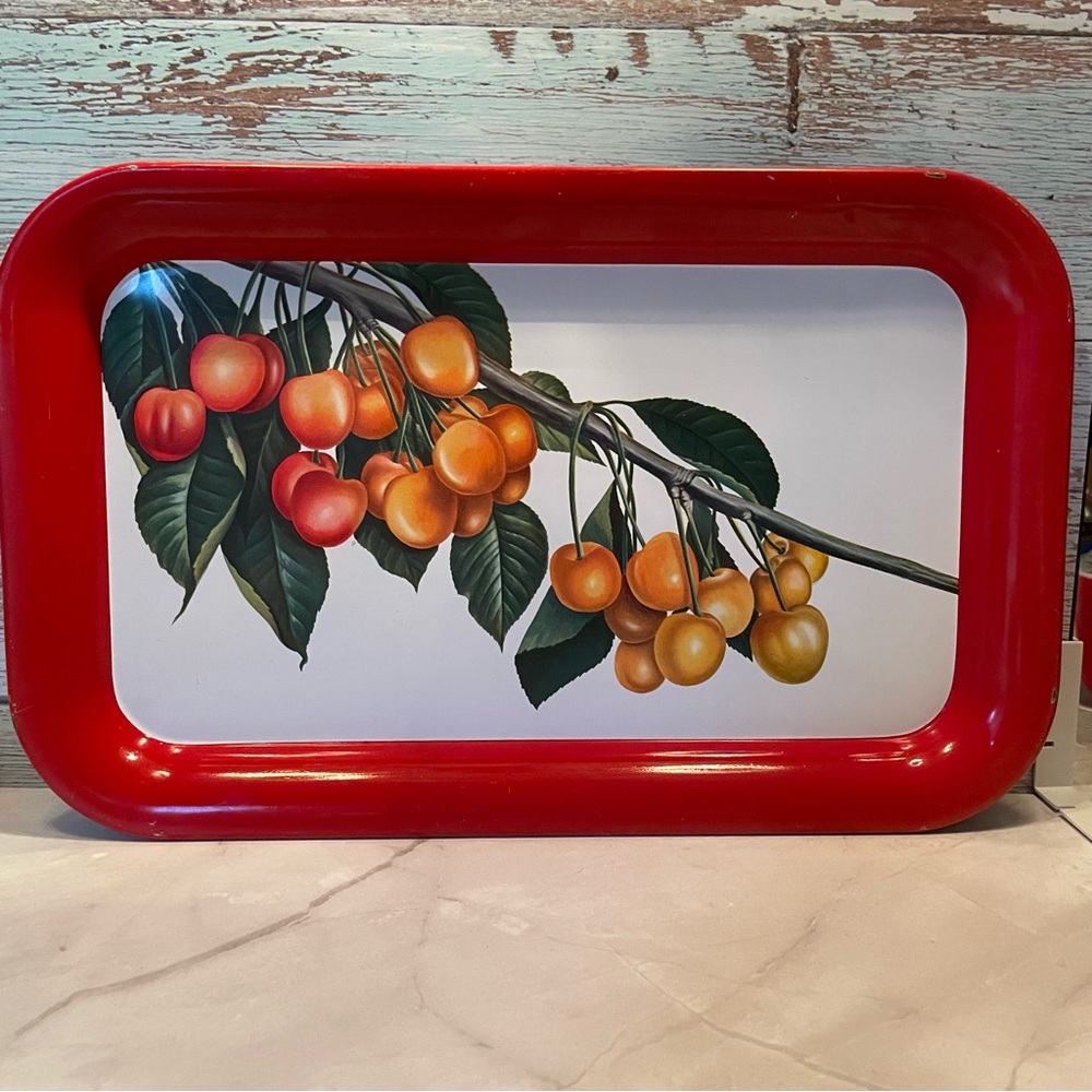 Vintage Cherry Metal Tin Tray 1960's mid-century cocktail serving tray red
